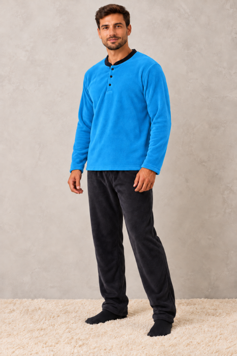 Pijama Barbati Polar Pufoasa si Calduroasa de Iarna, Bluza Albastra si Pantaloni Gri Inchis [5]