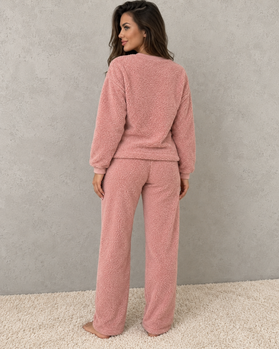 Pijama dama pufoasa cocolino roz MEOW, bluza maneca lunga si pantaloni largi [3]