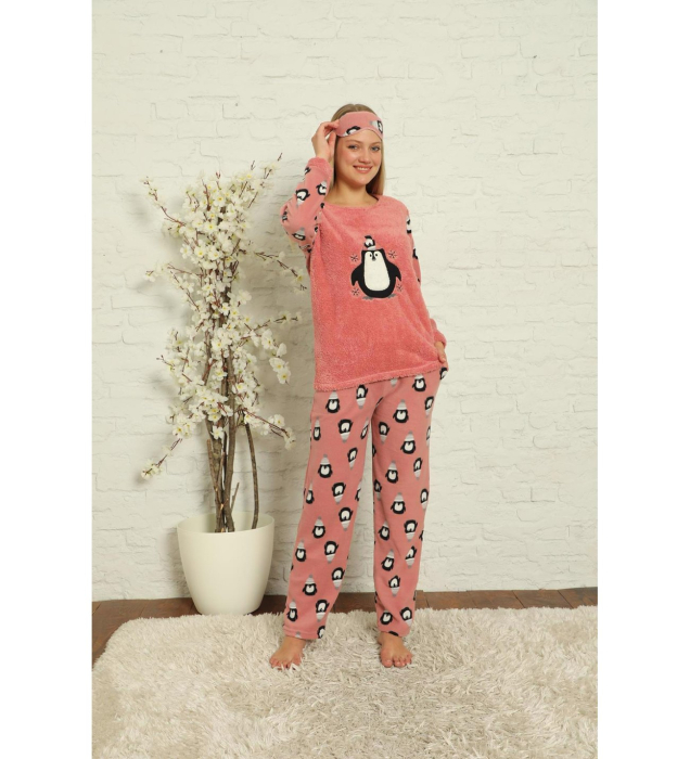 Pijama Dama Polar Pufoasa cu Imprimeu Pinguin, Maneca Lunga si Masca de Dormit - Culoare Roz 01894 [4]