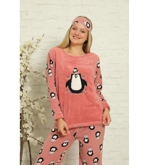 Pijama Dama Polar Pufoasa cu Imprimeu Pinguin, Maneca Lunga si Masca de Dormit - Culoare Roz 01894 [3]