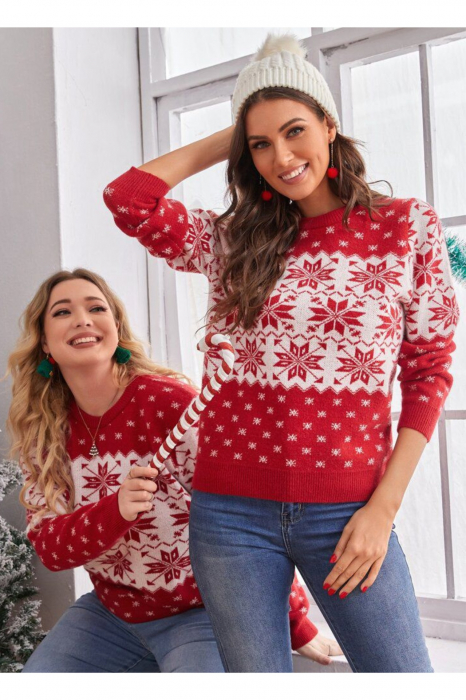 Pulover dama tricotat, imprimeu tematica de Craciun, rosu, marime Universala [4]