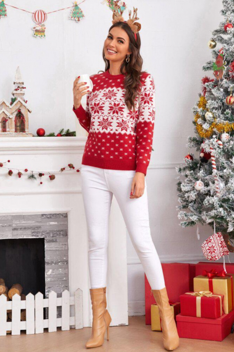 Pulover dama tricotat, imprimeu tematica de Craciun, rosu, marime Universala [2]