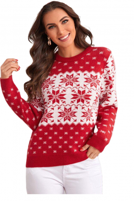Pulover dama tricotat, imprimeu tematica de Craciun, rosu, marime Universala [5]