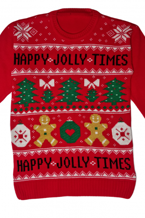 Pulover dama tricotat, imprimeu tematica Craciun-happy jolly times, Rosu, marime Universala-cadou craciun [2]