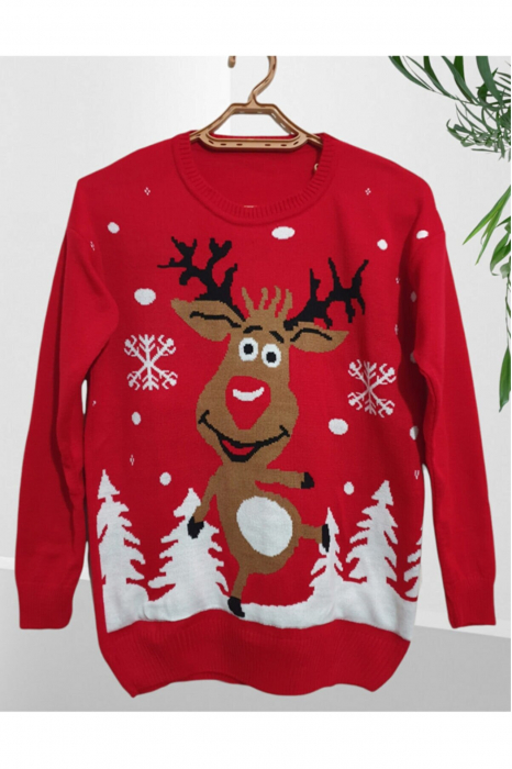 Pulover dama tricotat, imprimeu tematica Craciun-Ren fericit, Rosu, marime Universala [2]
