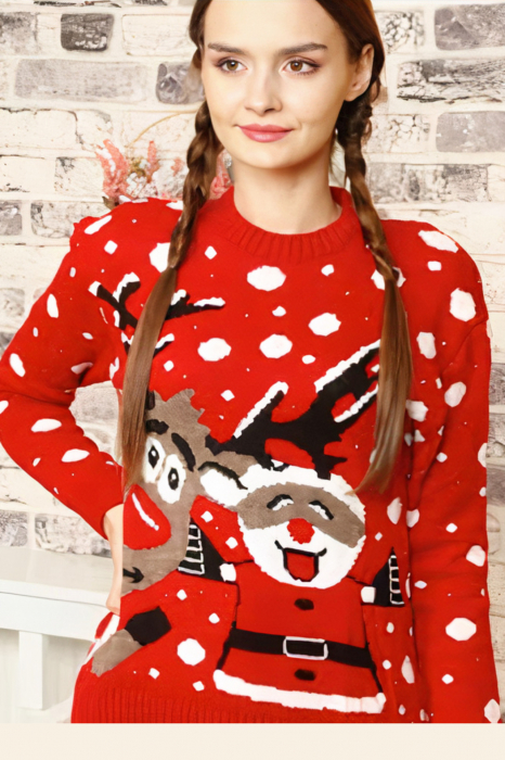Pulover dama tricotat, imprimeu Craciun-Happy Santa, Rosu, marime Universala-cadou craciun [3]