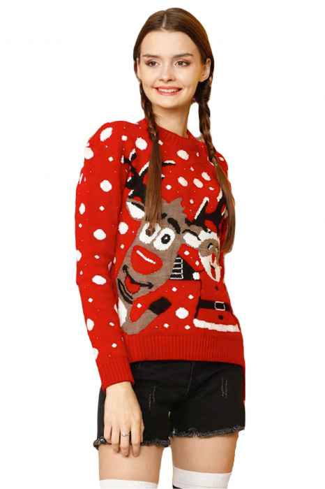Pulover dama tricotat, imprimeu Craciun-Happy Santa, Rosu, marime Universala-cadou craciun [6]