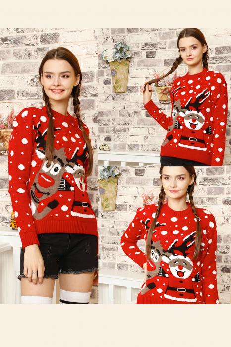 Pulover dama tricotat, imprimeu Craciun-Happy Santa, Rosu, marime Universala-cadou craciun [2]
