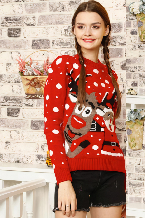 Pulover dama tricotat, imprimeu Craciun-Happy Santa, Rosu, marime Universala-cadou craciun [1]
