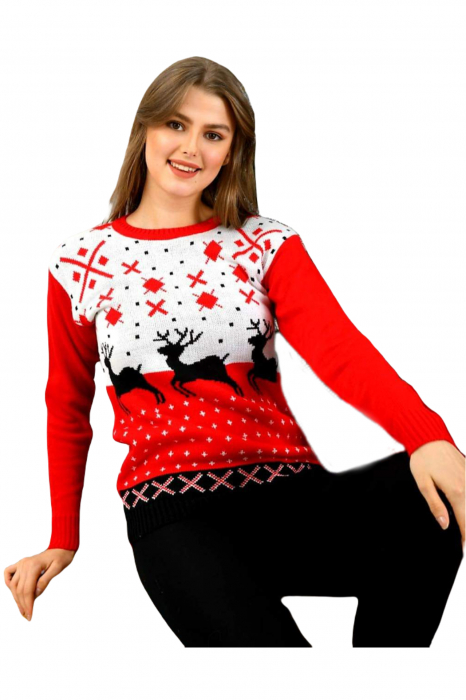 Pulover dama tricotat, imprimeu tematica Craciun-reni, Rosu, marime One size-cadou craciun [2]