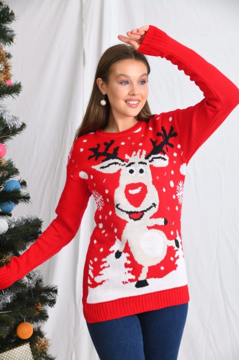 Pulover dama tricotat, imprimeu tematica Craciun-Ren fericit, Rosu, marime Universala [4]
