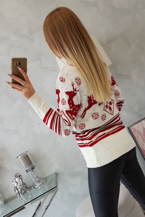 Pulover dama tricotat, imprimeu tematica Craciun-Reni, Rosu/Alb, marime Universala [4]