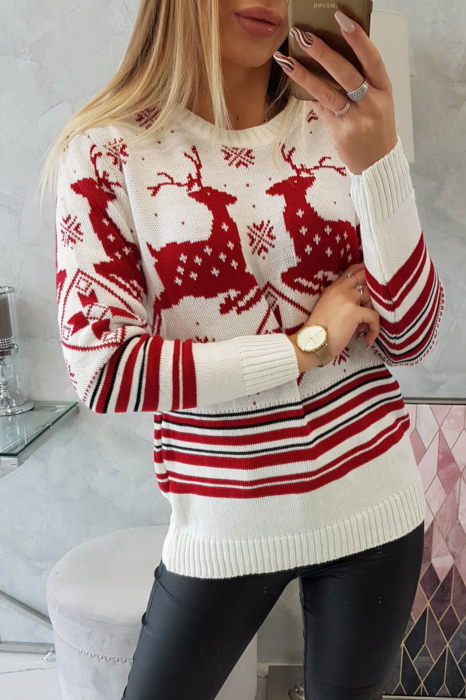 Pulover dama tricotat, imprimeu tematica Craciun-Reni, Rosu/Alb, marime Universala [3]