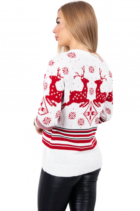 Pulover dama tricotat, imprimeu tematica Craciun-Reni, Rosu/Alb, marime Universala [2]