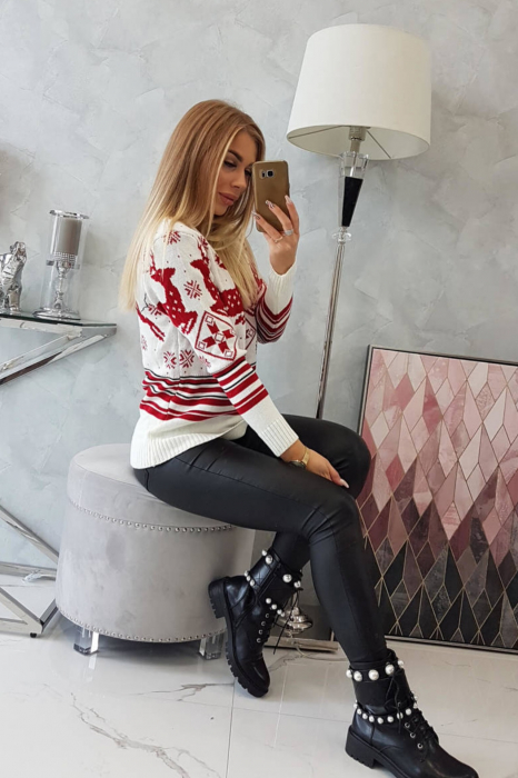 Pulover dama tricotat, imprimeu tematica Craciun-Reni, Rosu/Alb, marime Universala [5]