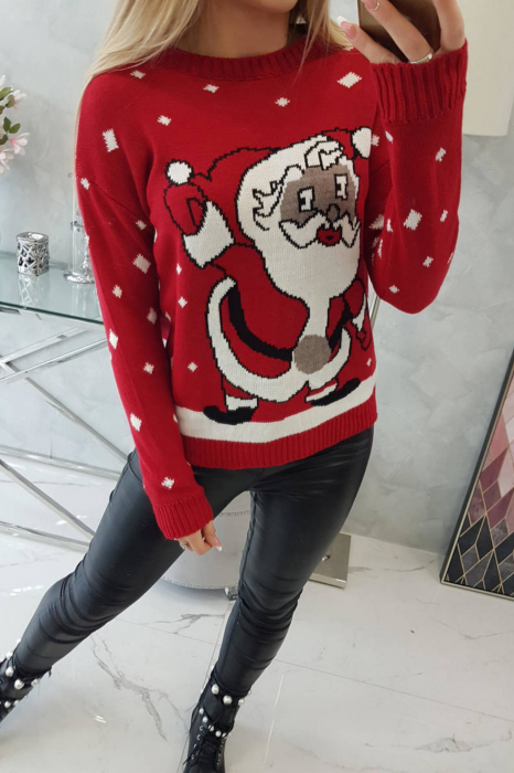 Pulover dama tricotat, imprimeu tematica Mos-Craciun, Rosu, marime Universala [3]