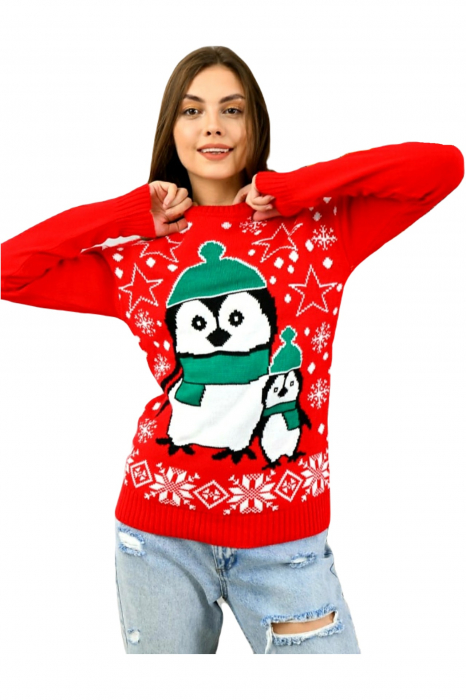 Pulover dama tricotat, imprimeu tematica Craciun-pinguini, Rosu/Verde, marime Universala-cadou craciun [2]