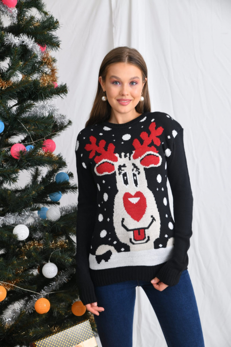 Pulover dama tricotat, imprimeu tematica Craciun ren , rosu/negru, marime Universala [2]