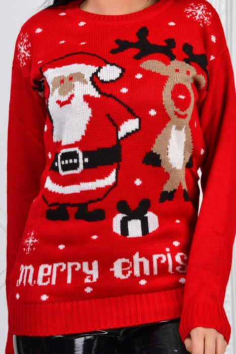 Pulover dama tricotat, imprimeu tematica Craciun-Merry Christmas, Rosu, marime Universala-cadou craciun [2]