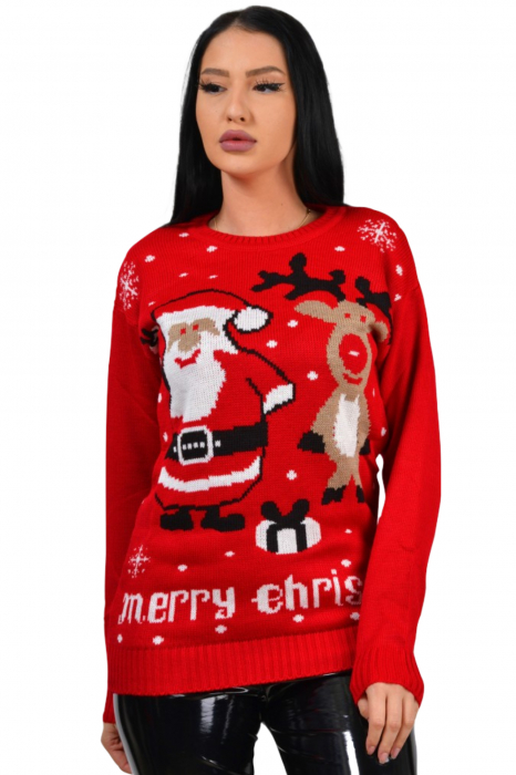 Pulover dama tricotat, imprimeu tematica Craciun-Merry Christmas, Rosu, marime Universala-cadou craciun [3]
