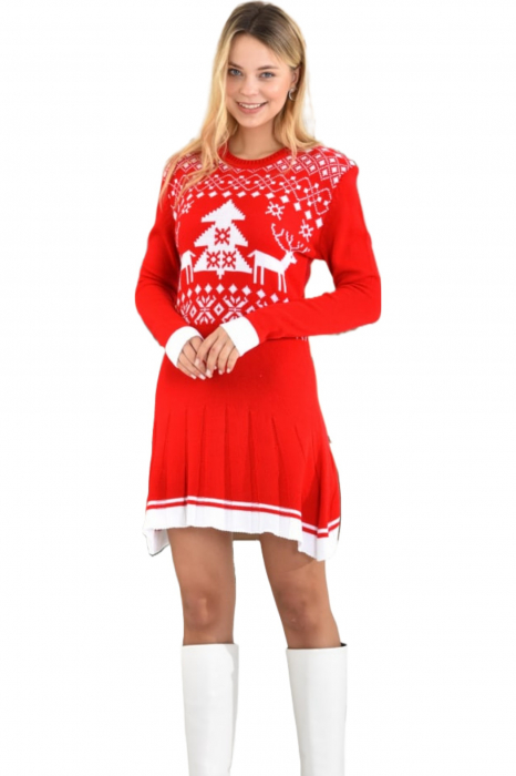Rochie dama tricot cu imprimeu Craciun brazi si ren, rosu, marime Universala [3]