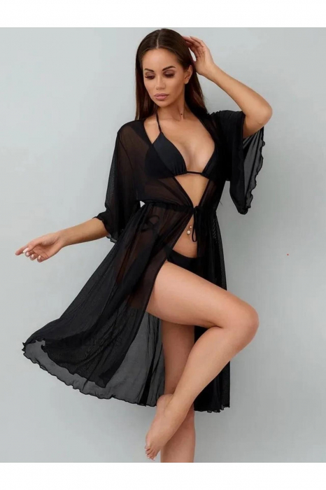 Rochie de plaja dama pareo, cu cordon inchidere in talie, negru 00123 [4]