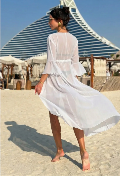 Rochie de plaja dama pareo, cu cordon inchidere in talie, lunga 00122 alb [2]