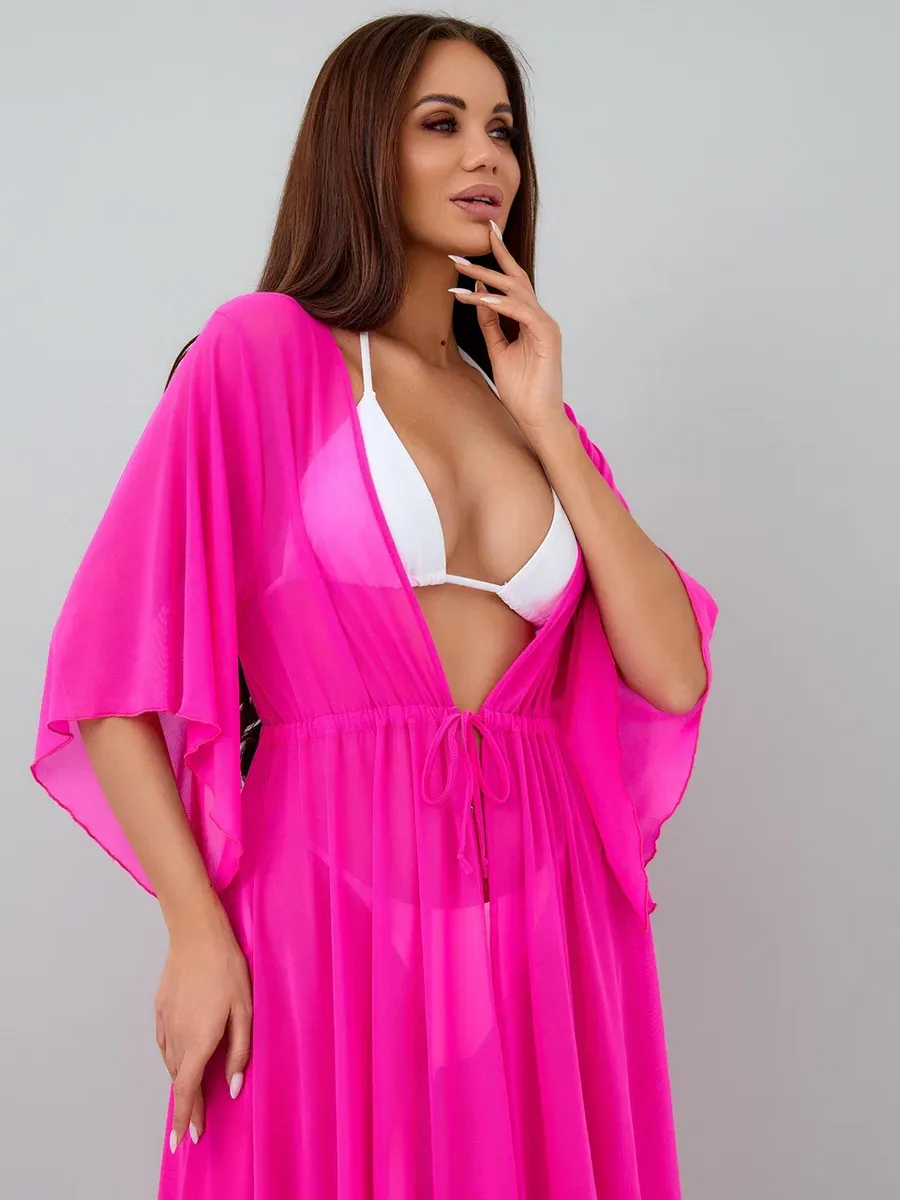 Rochie de plaja dama pareo, cu cordon inchidere in talie, roz 00123 [3]