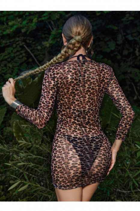 Rochie de plaja dama, inchidere cu snur in fata, animal print, maro, Diva Leopard, embody.ro [2]