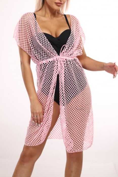 Rochie pareo de plaja, aspect plasa, roz, embody.ro [3]