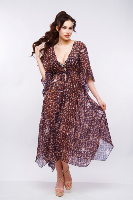 Rochie pareo de plaja dama, maneci trei sferturi, animal print, maro, marime Universala,Leopard Style, embody.ro [2]