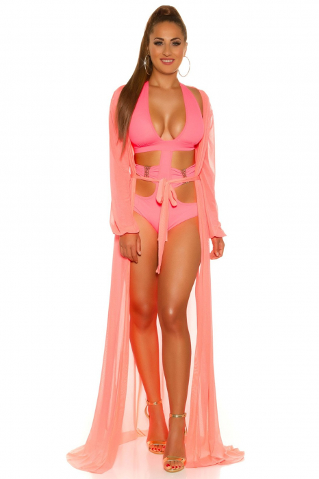 Rochie pareo de plaja dama, maneci lungi, roz, marime universala, embody.ro [4]