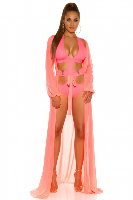 Rochie pareo de plaja dama, maneci lungi, roz, marime universala, embody.ro [7]