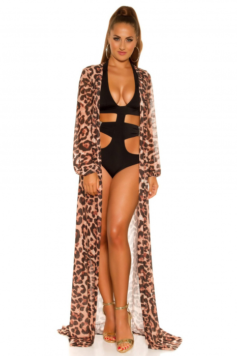 Rochie pareo de plaja dama, maneci lungi, animal print, maro, marime universala, embody.ro [7]