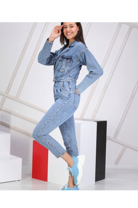 Salopeta blugi dama, maneci si blugi lungi, buzunare laterale, material Denim, Bleu [5]