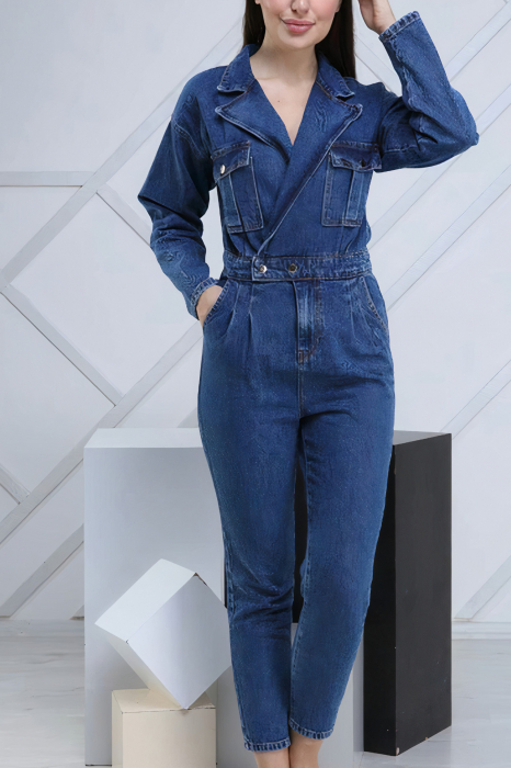Salopeta blugi dama, maneci si blugi lungi, buzunare laterale, material Denim, Albastru [5]