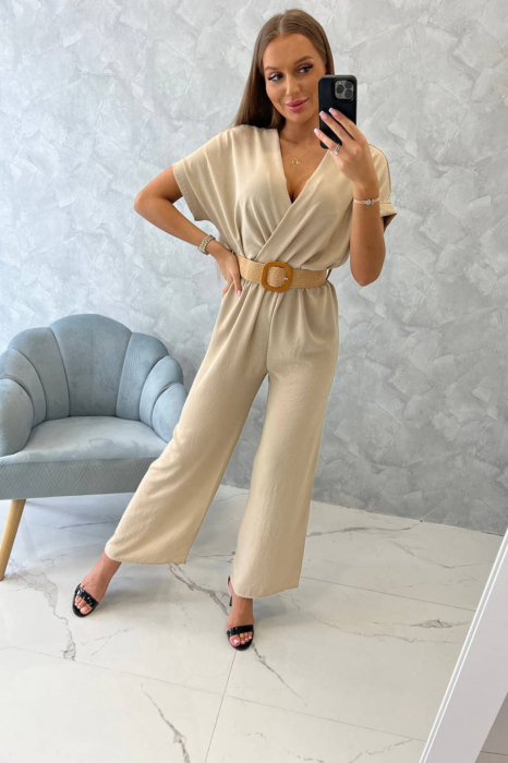 Salopeta dama, pantaloni lungi si maneci scurte, croiala ampla, curea in talie, bej, marime Universala [5]