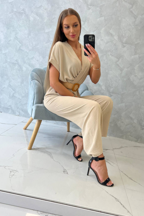 Salopeta dama, pantaloni lungi si maneci scurte, croiala ampla, curea in talie, bej, marime Universala [3]