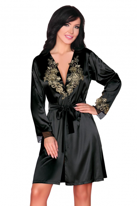 Halat de baie sexy, material satinat si imprimeu cu dantela, negru, embody.ro [10]