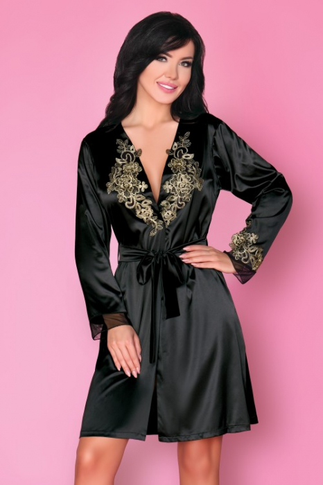 Halat de baie sexy, material satinat si imprimeu cu dantela, negru, embody.ro [4]