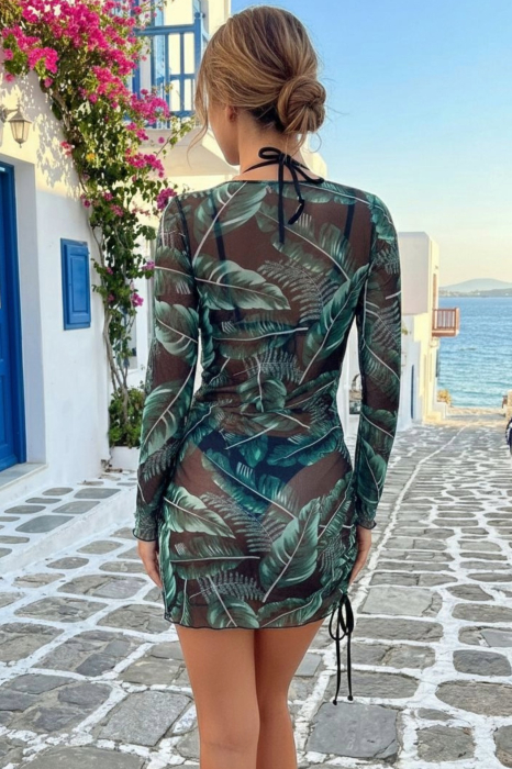 Set Costum de Baie 3 Piese: Sutien, Slip si Rochie de Plaja Tropical Green 8211 [3]