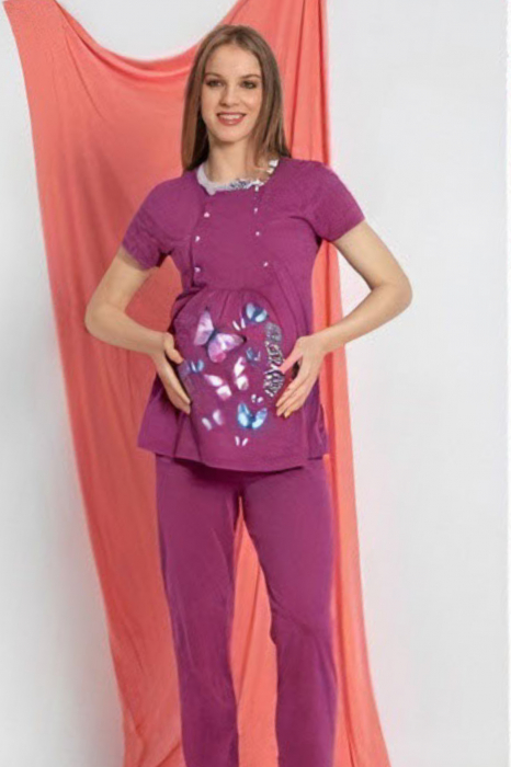 Set pijama gravida bumbac, 3 piese, deschidere nasturi pentru alaptat, mov [5]