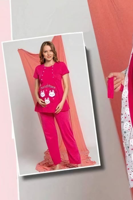Set pijama gravida bumbac, 3 piese, deschidere nasturi pentru alaptat, rosu [4]