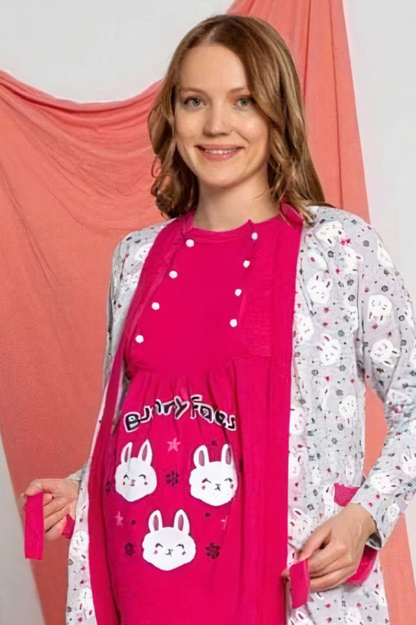 Set pijama gravida bumbac, 3 piese, deschidere nasturi pentru alaptat, rosu [3]