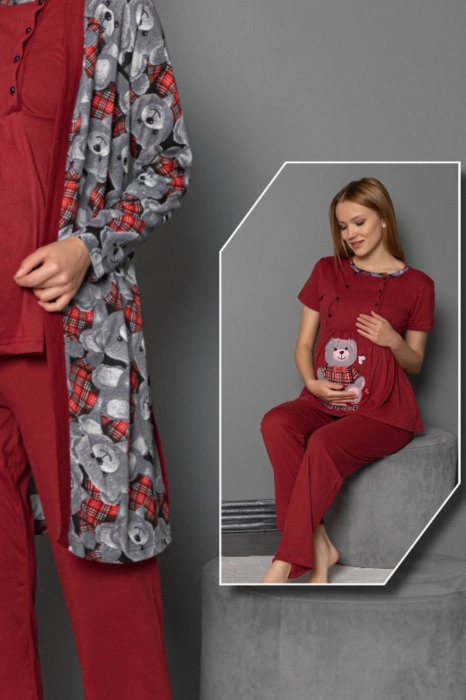 Set pijama gravida bumbac, 3 piese, deschidere nasturi pentru alaptat, visiniu [4]