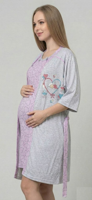 Set Pijama Gravide si Alaptare 2 Piese din Bumbac - Camasa de Noapte si Halat 687 [3]