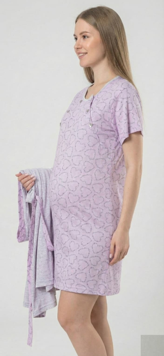 Set Pijama Gravide si Alaptare 2 Piese din Bumbac - Camasa de Noapte si Halat 687 [4]
