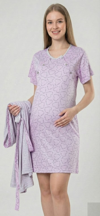 Set Pijama Gravide si Alaptare 2 Piese din Bumbac - Camasa de Noapte si Halat 687 [2]
