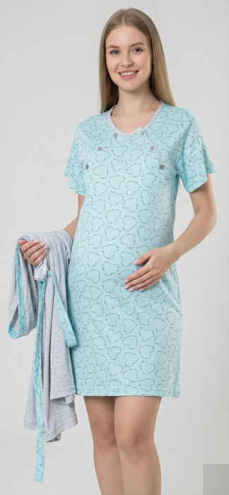 Set Pijama Gravide si Alaptare 2 Piese din Bumbac - Camasa de Noapte si Halat 687 bleu [2]