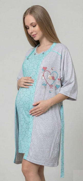 Set Pijama Gravide si Alaptare 2 Piese din Bumbac - Camasa de Noapte si Halat 687 bleu [3]